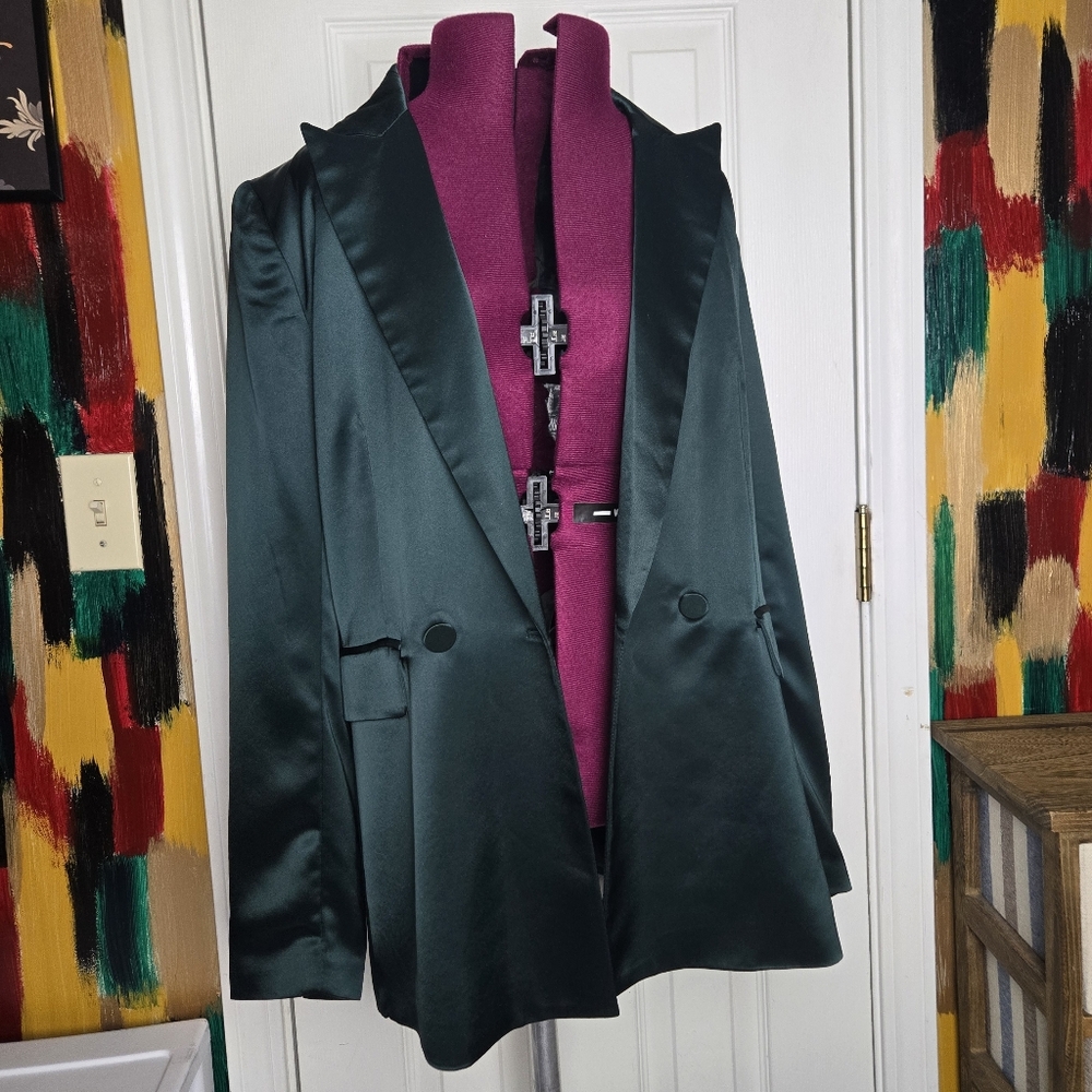 House Of Harlow 1960 Small Dark Green Satin Blazer Jacket - Picture 1 of 10